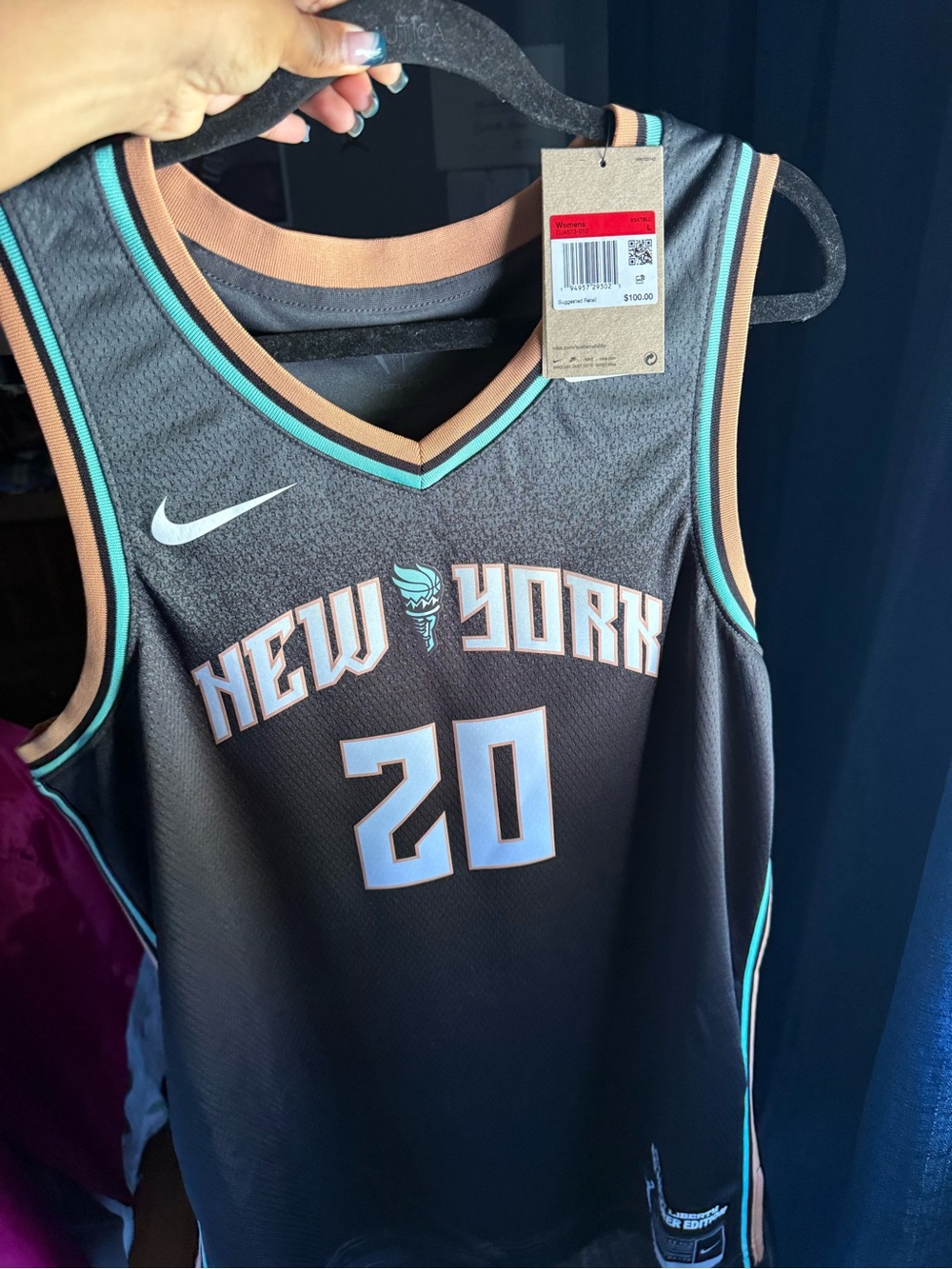 Nike New York Liberty Basketball Jersey #20 with Teal & Peach Trim. Women’s L